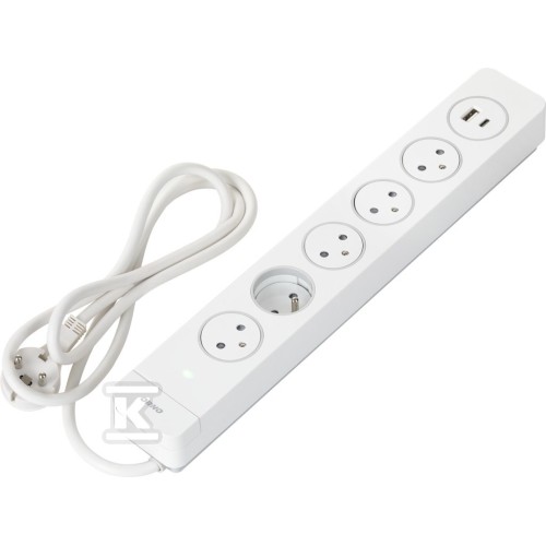 Overspanningsbeveiliging, 5 EasyEject type 2P+Z stopcontacten, 1,5m kabel (3x1,5mm2), met verlichte schakelaar en 2 snelle USB A+C opladers, wit OR-AE-13234/W/1.5M