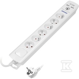 Overspanningsbeveiliging, 6 stopcontacten 2P+Z, kabel 3x1,0mm, lengte 3m, met tweesporige verlichte schakelaar, 10A/230 VAC, overspanningsbeveiliging Type 3: Uoc: 4kV (L-N, L/NPE), Up: 2,2kV( L-N) ,L/N-PE), 375J, lader 2xUSB 2.1A, wit OR-AE-13163/3M