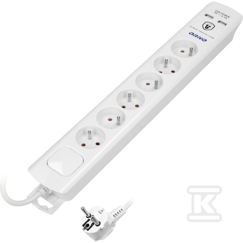 Overspanningsbeveiliging, 6 stopcontacten 2P+Z, kabel 3x1,0mm, lengte 3m, met tweesporige verlichte schakelaar, 10A/230 VAC, overspanningsbeveiliging Type 3: Uoc: 4kV (L-N, L/NPE), Up: 2,2kV( L-N) ,L/N-PE), 375J, lader 2xUSB 2.1A, wit OR-AE-13163/3M