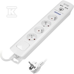 Overspanningsbeveiliging, 4 2P+Z stopcontacten, kabel 3x1,0mm2, 3m, met tweesporige verlichte schakelaar, 10A/230 VAC, Type 3 overspanningsbeveiliging, 2xUSB 2.1A lader, wit OR-AE-13243/W/3M